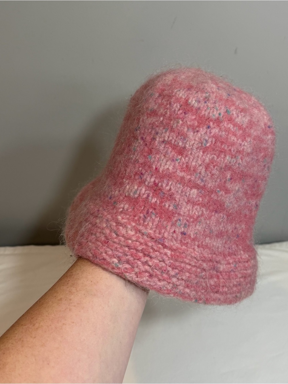 Handmade adult size pink variegated wool cloche bucket hat
